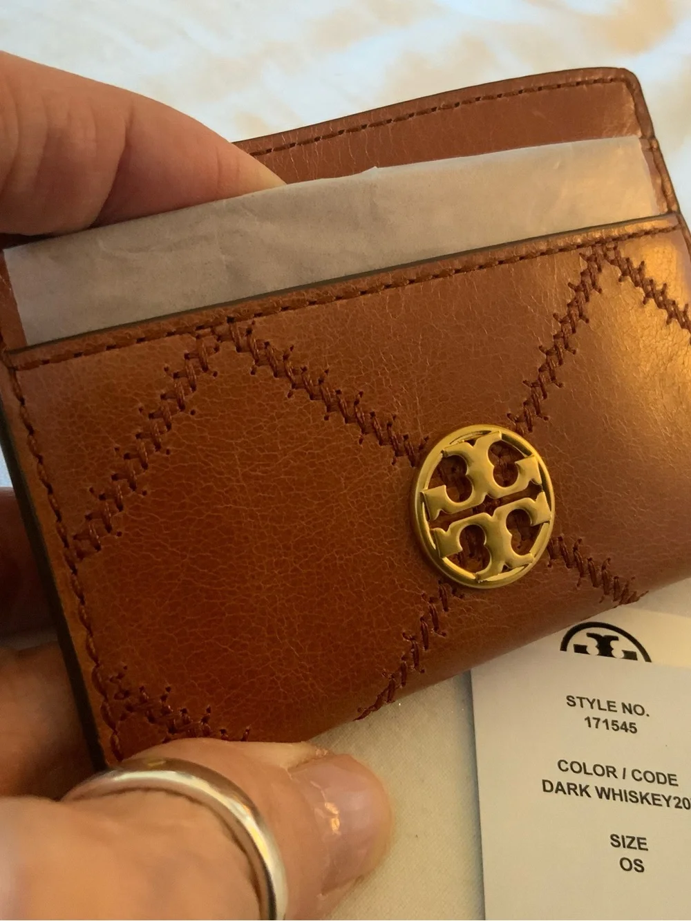 TORY BURCH KIRA DIAMOND QUILT CARD CASE W/DUST BAG DARK WHISKEY NWT